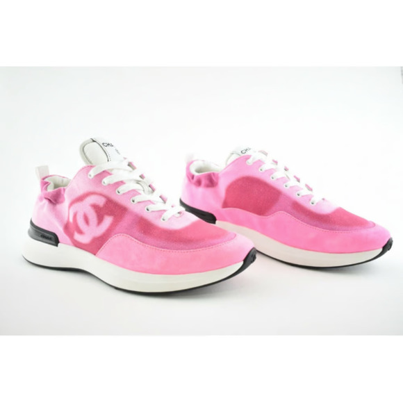 Chanel 21S Neon Pink Denim Suede CC Logo Lace Up Tie Low Top Trainer Sneaker 37 - Picture 4 of 12